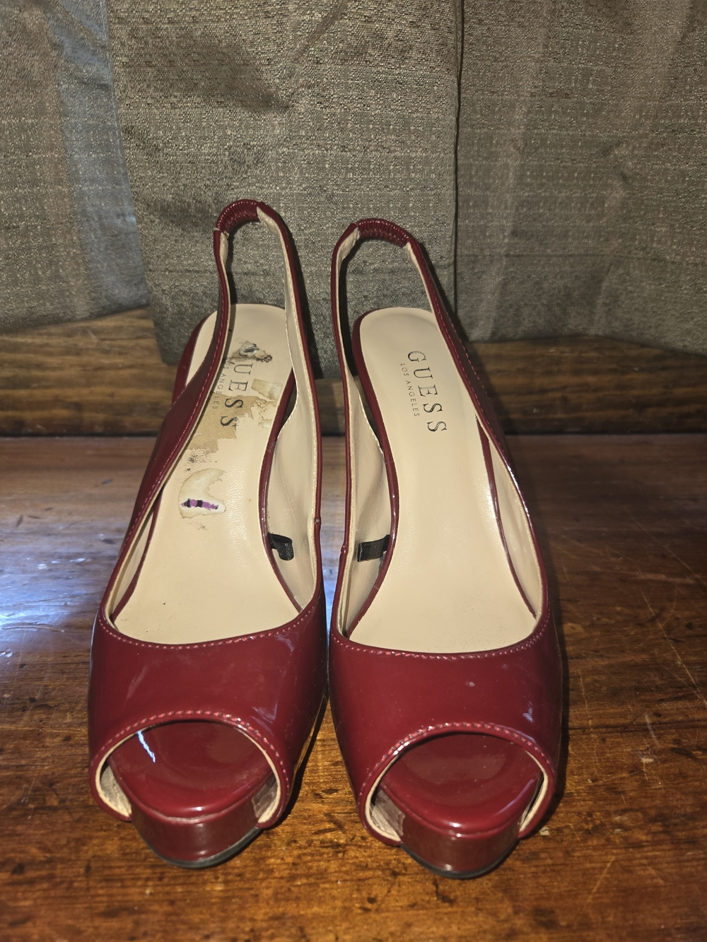 Guess Burgundy Patent Peep-Toe Slingback Heels